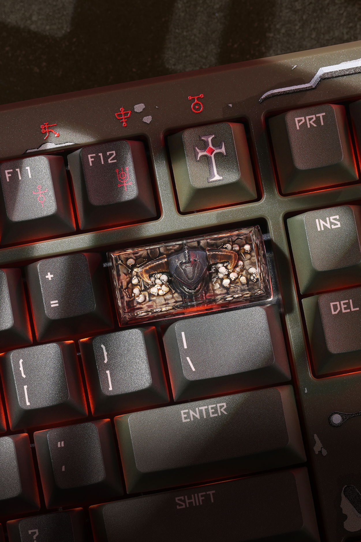 Close-up of a mechanical keyboard with visible key components and lighting.