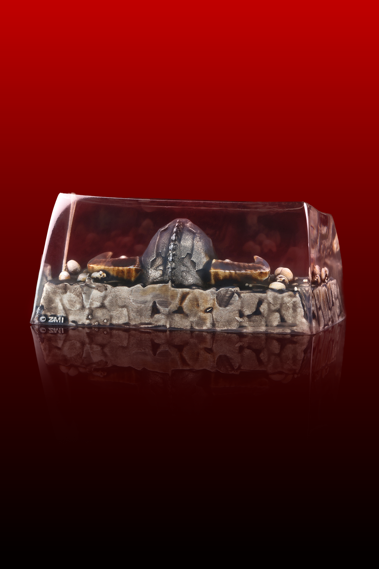 Decorative glass piece with landscape design on a red background