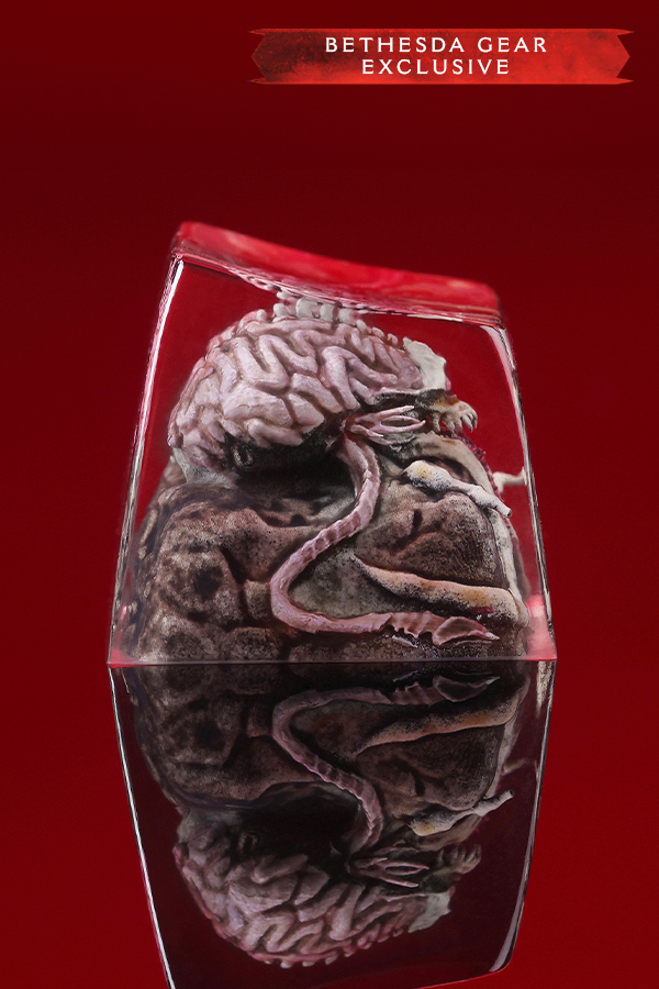 Model of a human brain and spinal cord in a glass container with 'Bethesda Gear Exclusive' text on a red background.