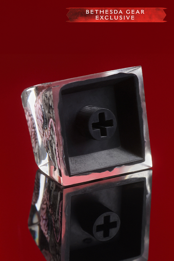Metallic joystick cap with cross symbol on a red background, Bethesda Gear Exclusive label.