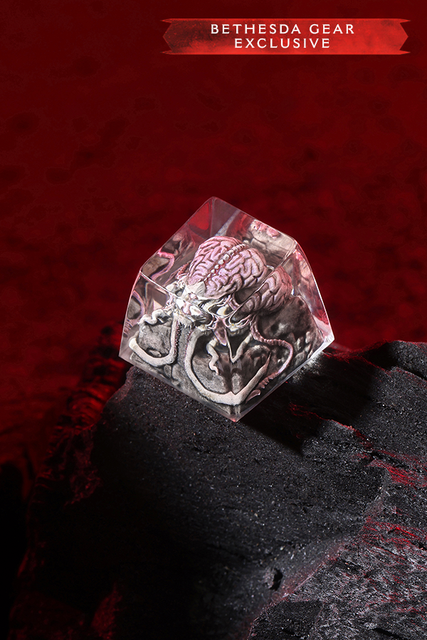 Crystal-like object with intricate design on a dark surface against a red background, featuring 'Bethesda Gear Exclusive' text.