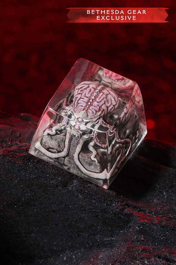Dice with brain and heart design on a dark surface, Bethesda Gear Exclusive label above.