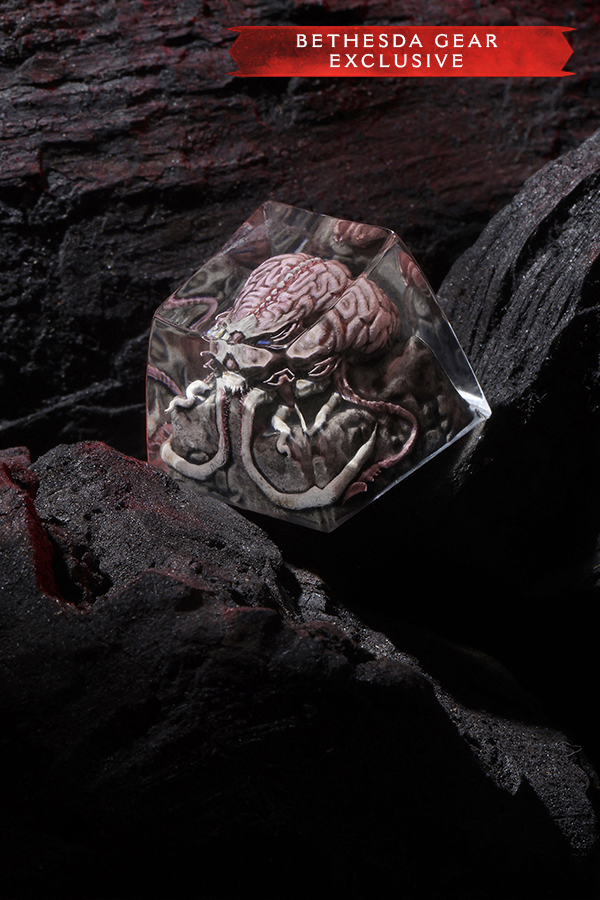 Diamond-shaped object with a brain and tentacle design on a dark background, labeled 'Bethesda Gear Exclusive'.