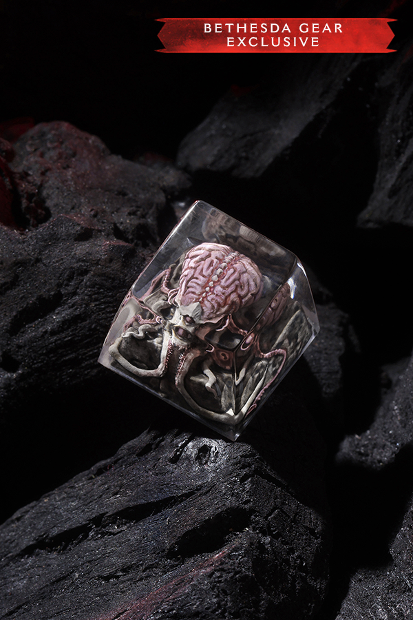 Dice with a brain and skull design on a dark surface, labeled 'Bethesda Gear Exclusive'.
