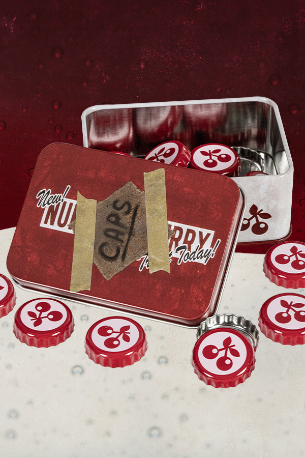 Serie di tappi di bottiglia Fallout Nuka Cherry con lattina da collezione