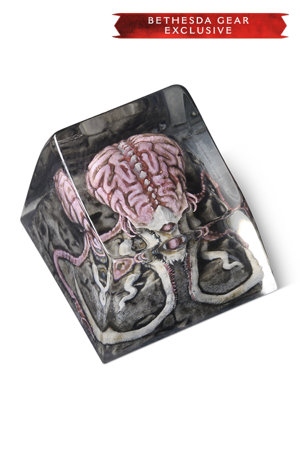Hexagonal die with brain and skull design on a white background, Bethesda Gear Exclusive label at the top.