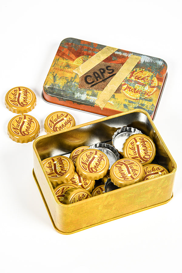 Tappi di bottiglia Fallout serie Nuka Orange con lattina da collezione