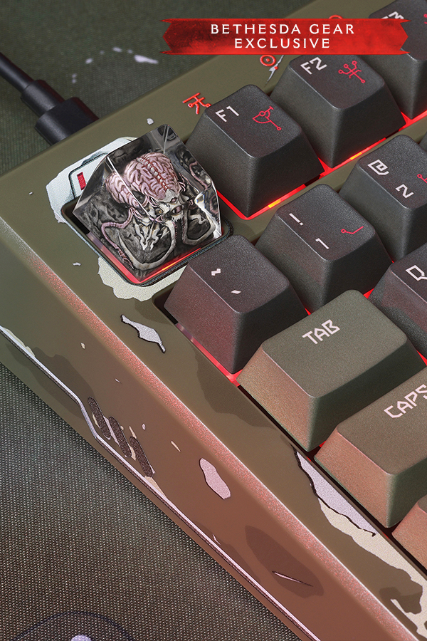 Close-up of a gaming keyboard with a Bethesda Gear Exclusive label.