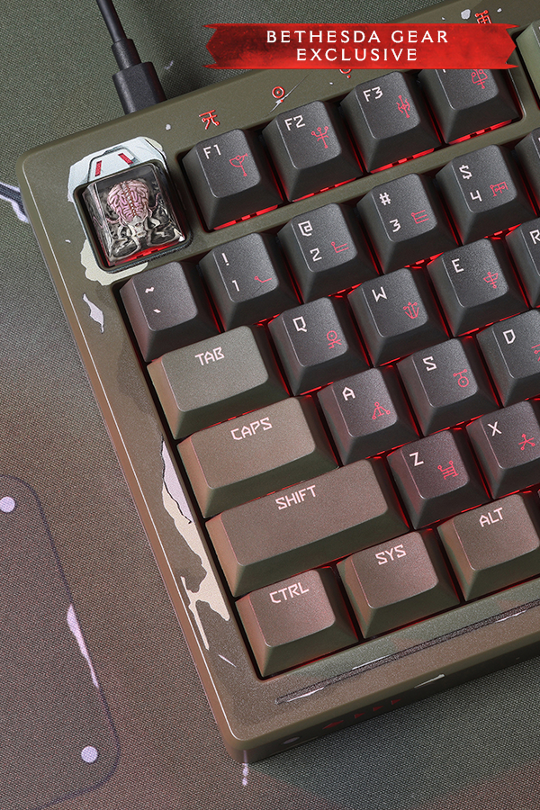 Close-up of a mechanical keyboard with 'Bethesda Gear Exclusive' label