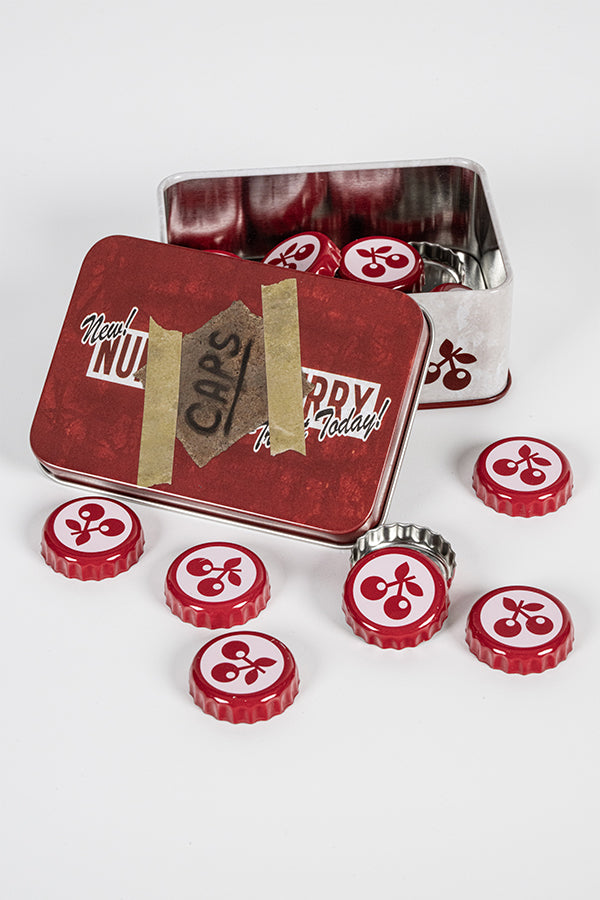 Serie di tappi di bottiglia Fallout Nuka Cherry con lattina da collezione