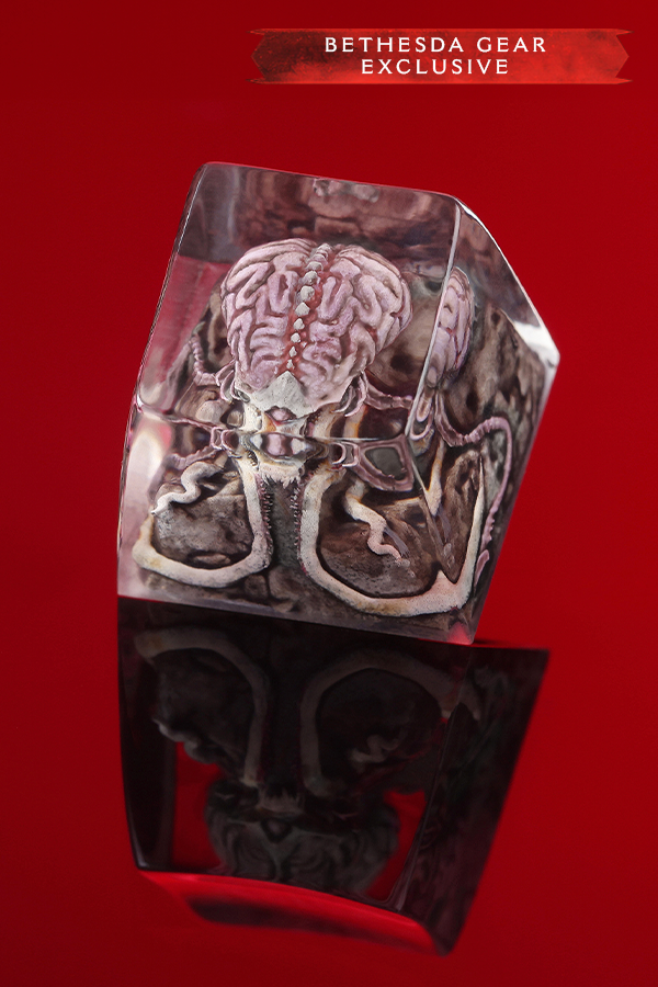 3D dice with brain and spinal cord design on a red background, Bethesda Gear Exclusive.