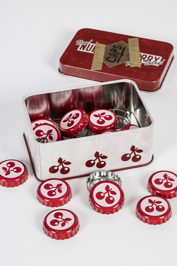 Serie di tappi di bottiglia Fallout Nuka Cherry con lattina da collezione