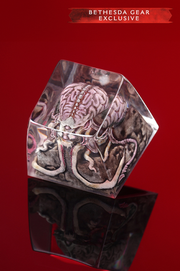 Dodecahedron-shaped object with brain design on a red background, Bethesda Gear Exclusive label.