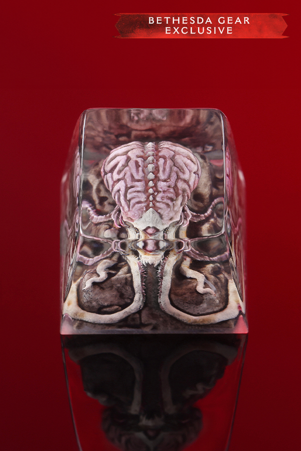 Metallic object with brain design on a red background, Bethesda Gear Exclusive label.