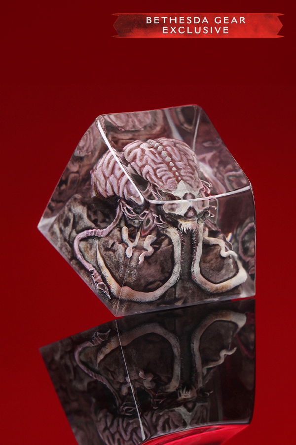 Hexagonal container with intricate design on a red background, featuring 'Bethesda Gear Exclusive' text.