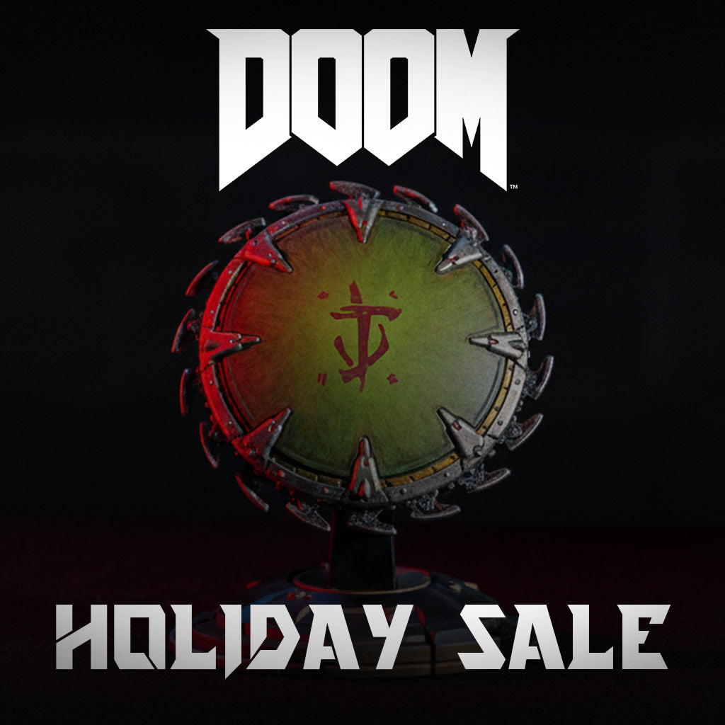 Banner presenting the DOOM holiday sale, the Shield Saw of DOOM The Dark Ages is visible in front of black background