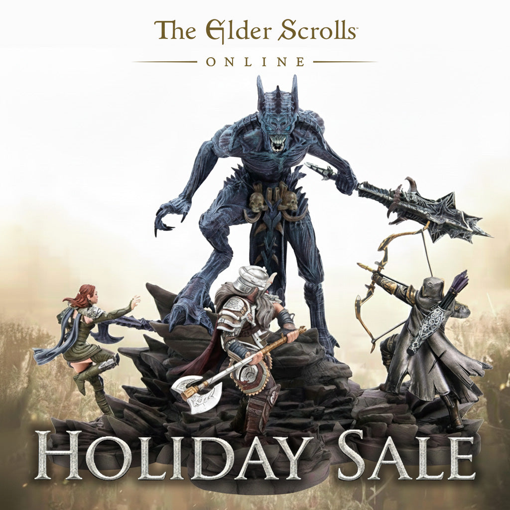 Promotional banner for The Elder Scrolls Online Holiday Sale showing a group of adventurers engaged in combat with a demon.