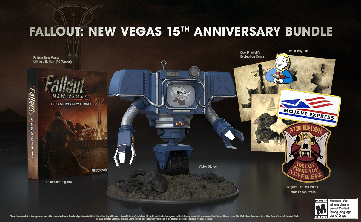 Image shows a collection of Fallout New Vegas items: The game, a robot statue, a few postcards, sticker and a patch