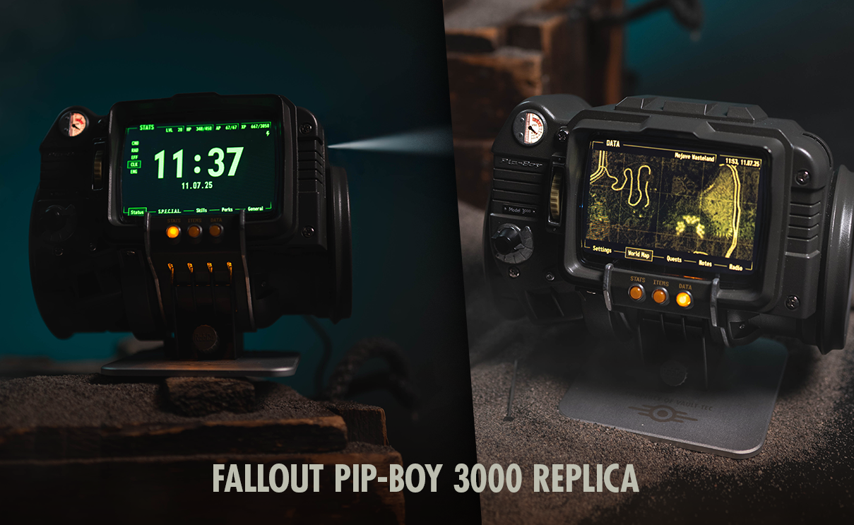 Image of the Fallout Pip-Boy 3000 replica shown from two angles, each displaying a different screen