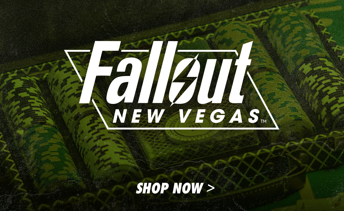 Logo of Fallout New Vegas in front of a poker set, with a 