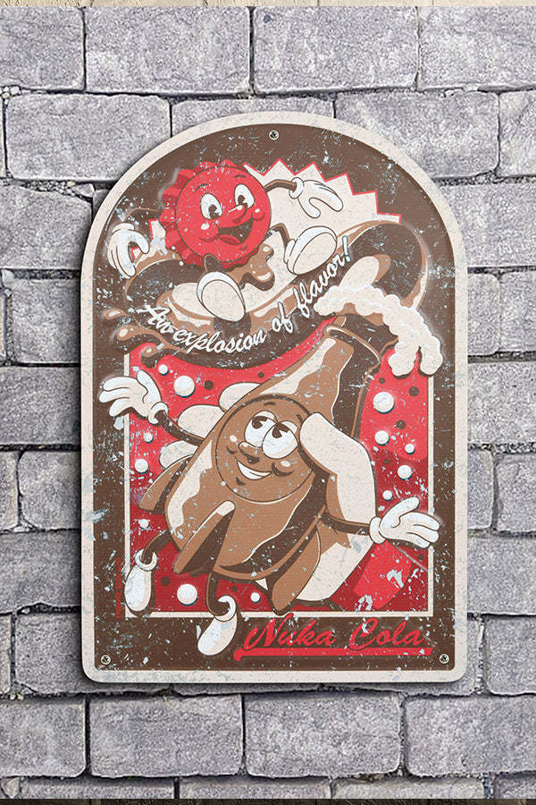 Cartello pubblicitario vintage di Fallout Nuka-Cola in metallo