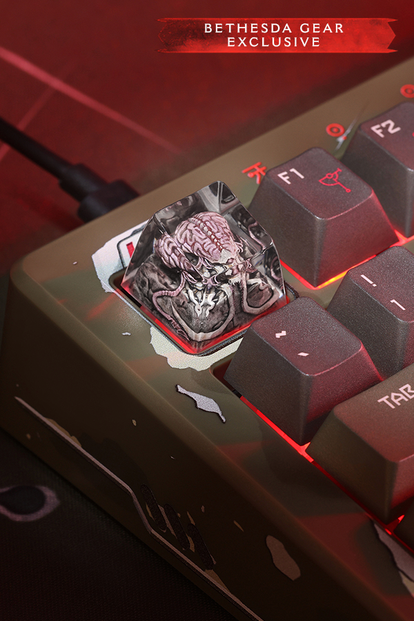Close-up of a mechanical keyboard with a unique key featuring a brain design, branded as Bethesda Gear Exclusive.