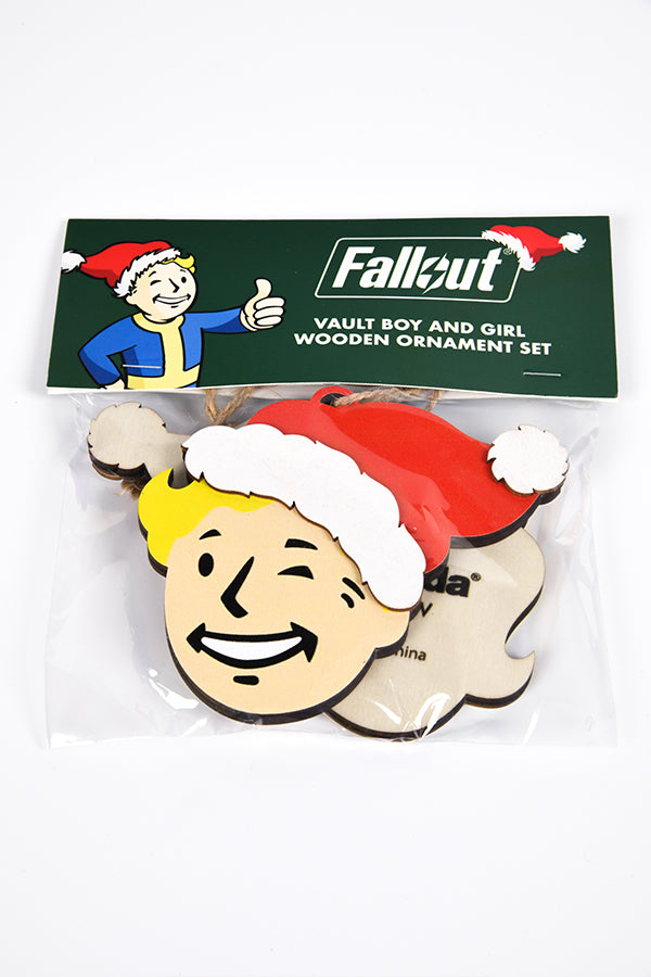  Image: Fallout Vault Boy and Girl Wooden Ornament Set in packaging