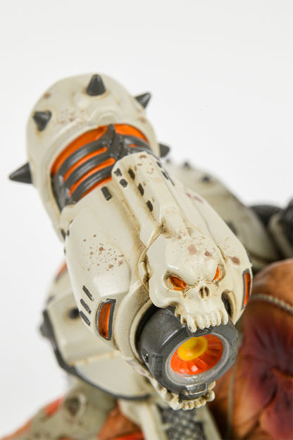Close-up shot of the DOOM Eternal Revenant Statue, showing the details of its missile launcher and its skull decoration.