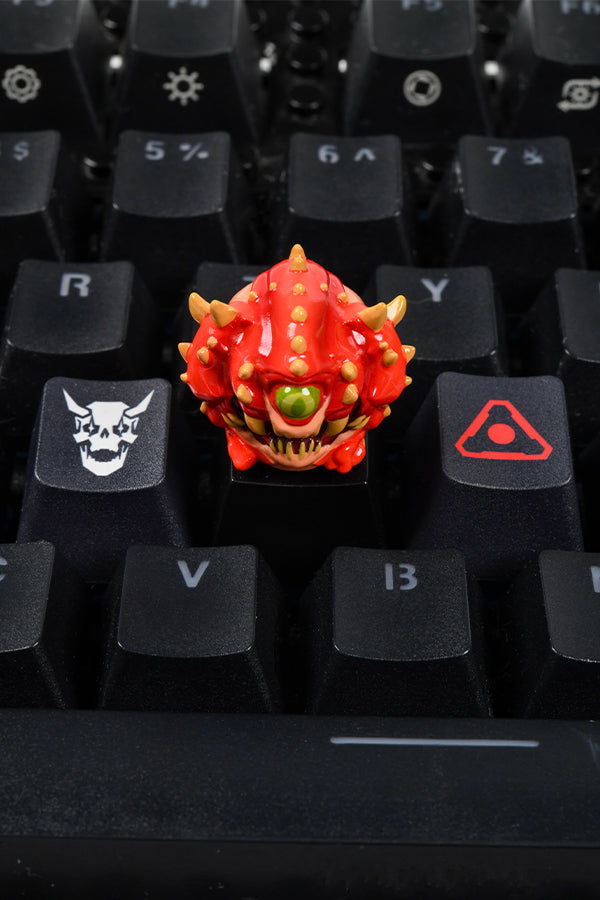 Overhead view of the DOOM Eternal Key Caps installed on a keyboard