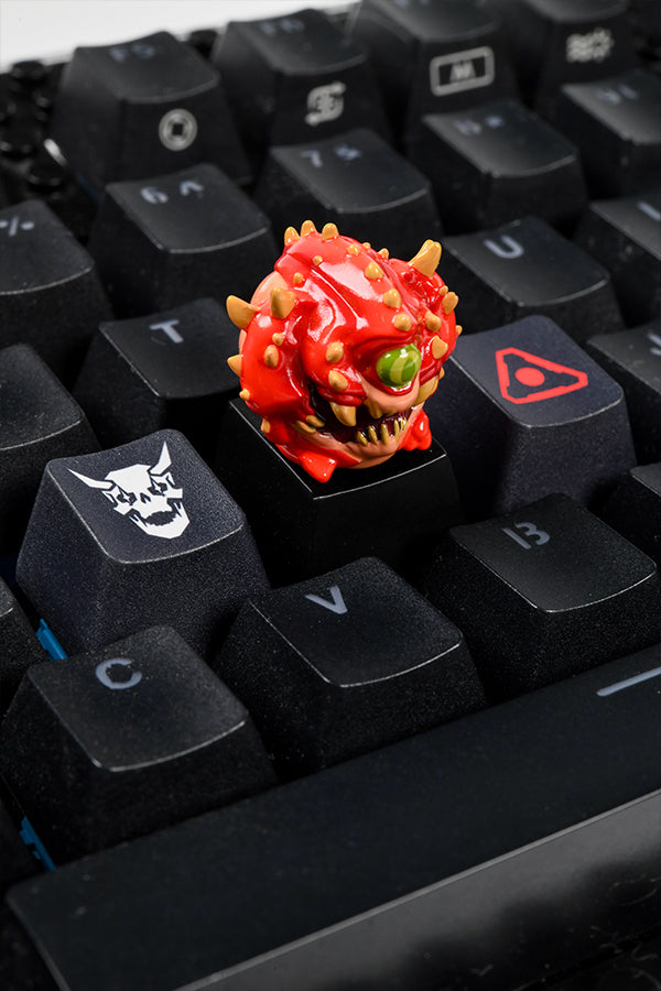 Overhead quarter view of the DOOM Eternal Key Caps installed on a keyboard
