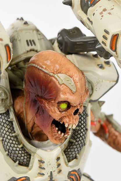 Close-up shot of the DOOM Eternal Revenant Statue, showing the details of its head and shoulders from the front.
