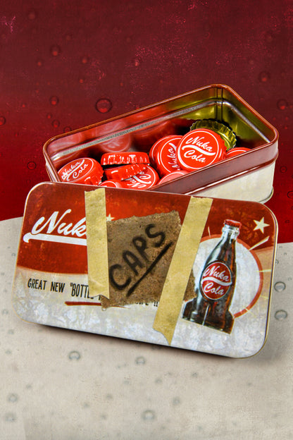 Image of the Fallout Bottle Cap Series Nuka Cola with Collectible Tin, including nuka cola bottle caps inside the collectible tin 