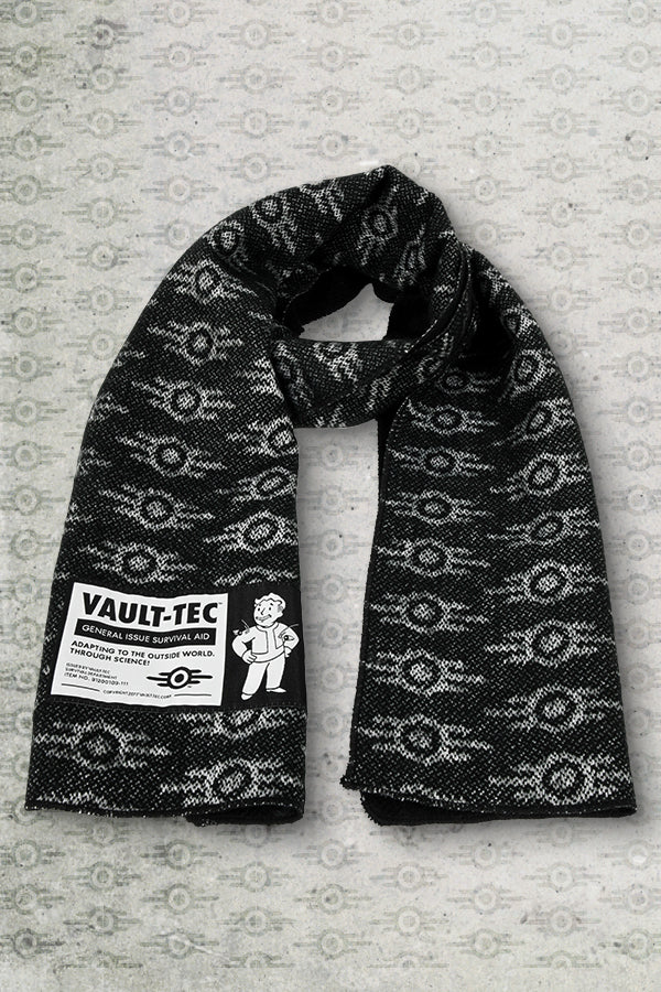 Overhead view of the Fallout Vault-Tec Survival Aid Scarf tied on a Vault-Tec background