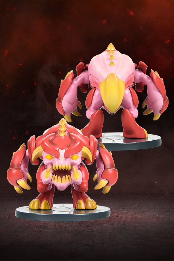  Front and back view of the DOOM Eternal Pinky Mini Collectible Figure, a 3 x 3 x 3.15” Polyresin figure of a pink demon with a round body, sturdy legs, burly arms, claws, horns, spikes, and a killer look in its face and eyes. Limited production of only 900 worldwide. Modeled after an in-game collectible.