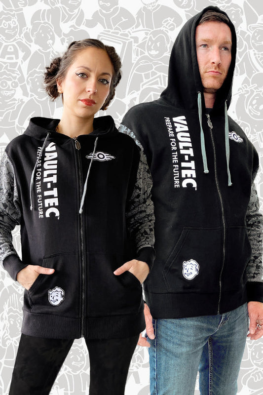 Image of Fallout Vaul-Tec Hoodie being worn by a man and a woman- front view