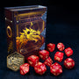  The Elder Scrolls Online Ebonheart Pact Dice Set on a flat surface beside its faux grimoire box.