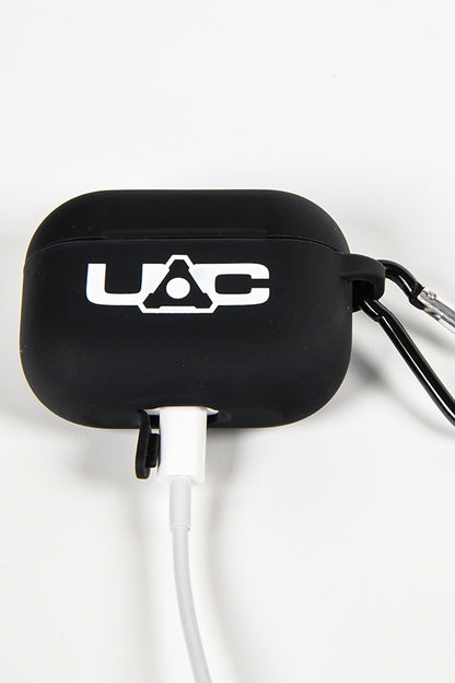 Overhead view of the DOOM UAC Airpods Pro Case plugged in